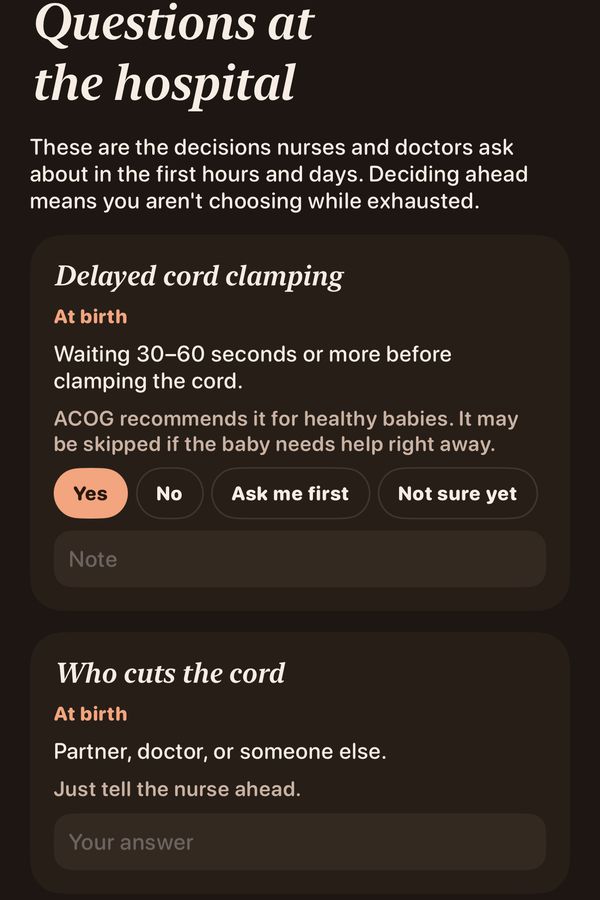 Questions at the hospital, in the dark theme: these are the decisions nurses and doctors ask about in the first hours and days. Delayed cord clamping, with a short explanation and Yes, No, Ask me first and Not sure yet buttons, then Who cuts the cord, with room for an answer.