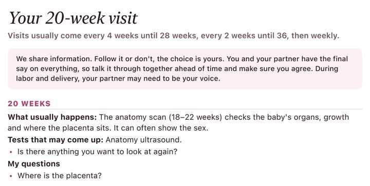 A printed 20-week visit page: visits usually come every 4 weeks until 28 weeks, the We share information note, what usually happens (the anatomy scan), tests that may come up, a suggested question and her own question.