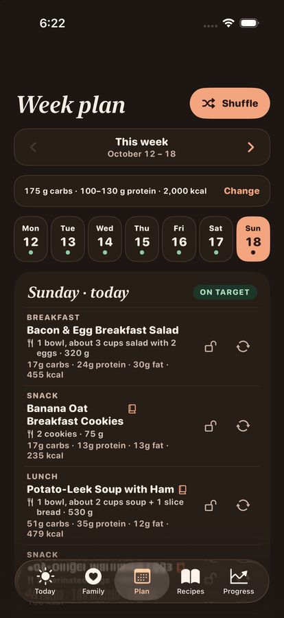 Week plan in the dark theme for October 12 to 18: daily targets of 175 g carbs, 100 to 130 g protein and 2,000 calories, a day picker, an On target badge for Sunday, and breakfast, snack and lunch with portions, carbs, protein, fat and calories, each with lock and swap buttons.